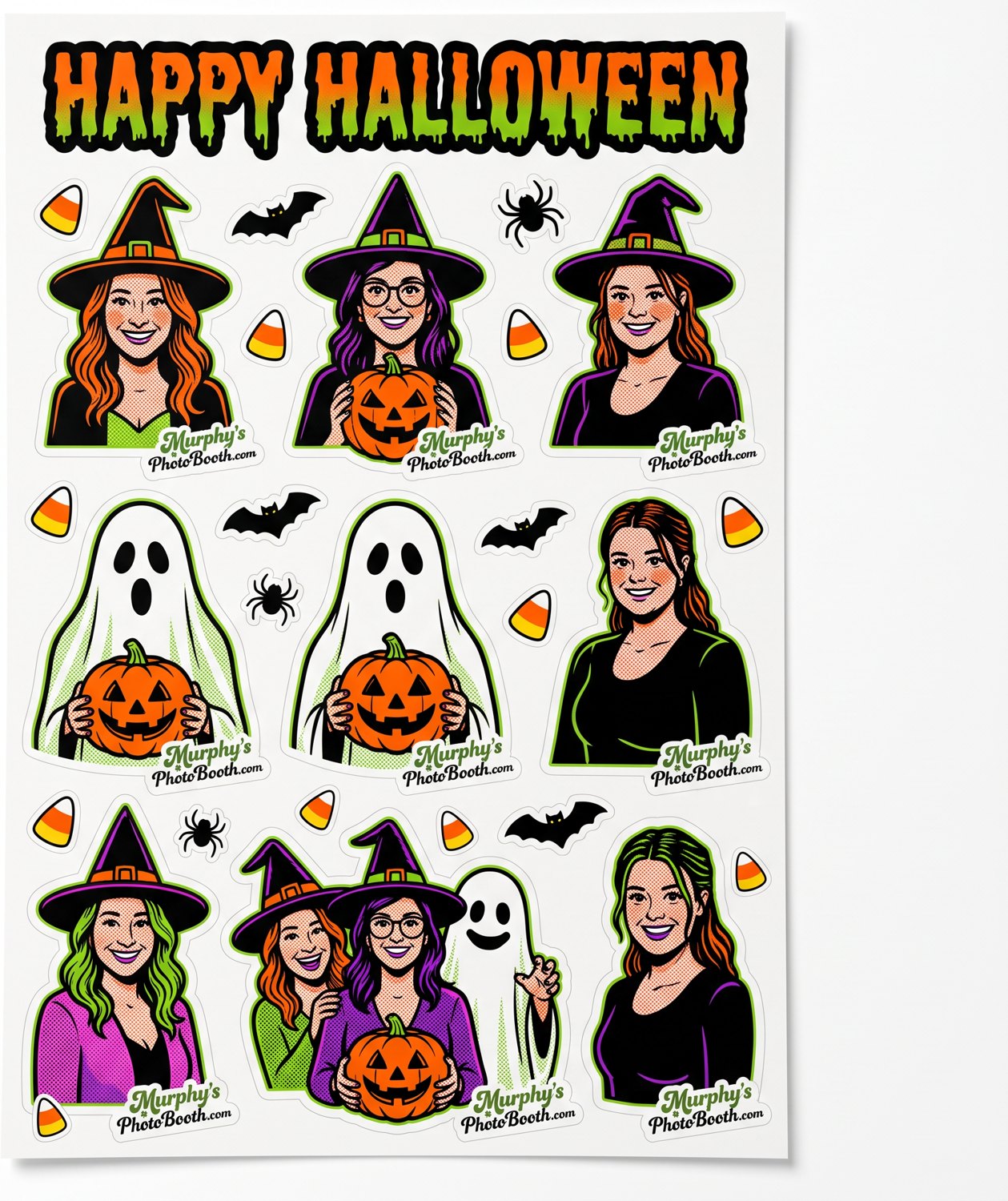 A Happy Halloween sticker sheet of guests as witches and ghosts holding pumpkins, with bats, spiders, and candy corn, each branded Murphy's PhotoBooth.com