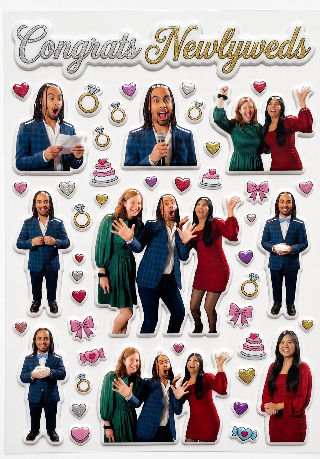 A wedding sticker sheet with a Congrats Newlyweds headline, hearts, rings, cakes, and cut-out photos of guests